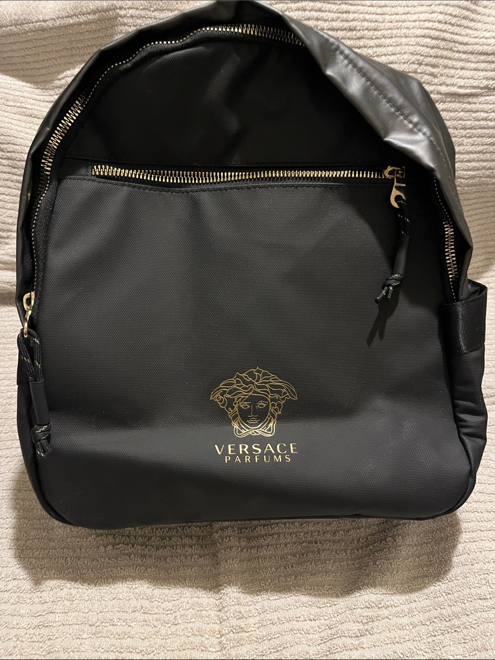 Versace Parfums Black Logo Backpack with Gold Accents